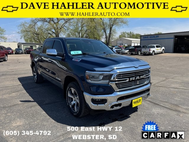 2022 RAM 1500 Laramie in Patriot Blue Pearlcoat — front three-quarter view